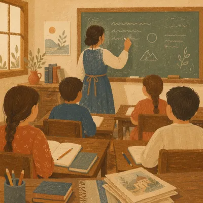 Teacher Writing Lesson on Classroom Chalkboard