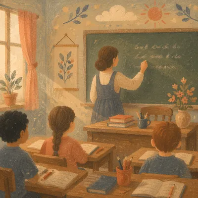 Warm Classroom Teacher at Chalkboard