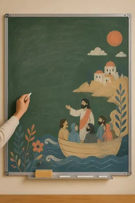 Teacher Hand Writing on Classroom Chalkboard