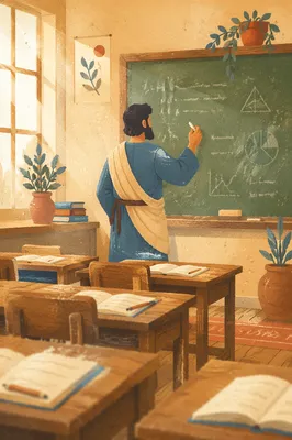 Teacher at Chalkboard in Sunlit Classroom
