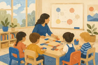 Teacher Guiding Children With Colorful Learning Blocks