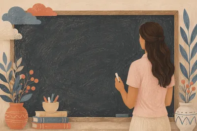 Teacher Beside Chalkboard With Copy Space
