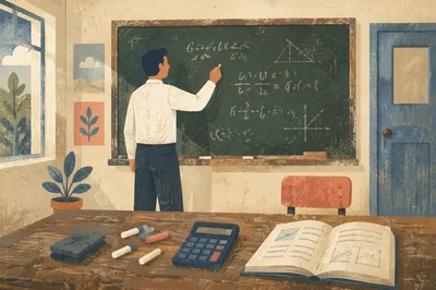 Teacher Explaining Lessons at Classroom Chalkboard