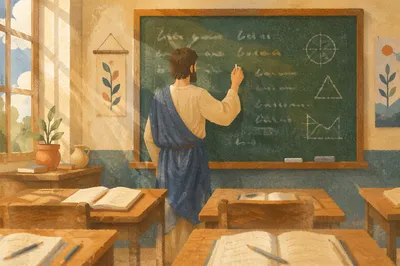 Teacher at Green Chalkboard in Classroom
