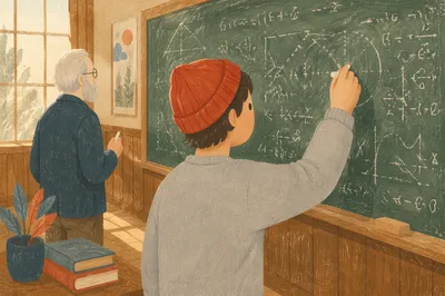 Teacher Guiding Student at Chalkboard