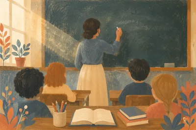 Teacher Writing Lesson Notes in Classroom