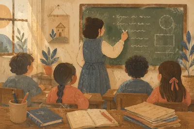 Morning Classroom Lesson at Green Chalkboard
