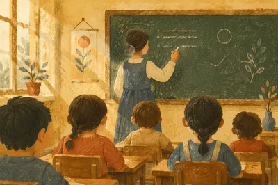 Teacher Writing Lesson on Green Chalkboard