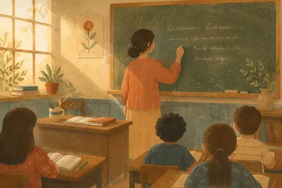 Warm Classroom Teacher at Green Chalkboard