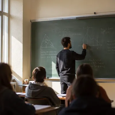 Teacher Writing on Classroom Chalkboard