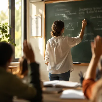 Teacher Writing on Green Classroom Chalkboard