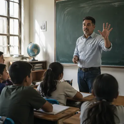 Encouraging Teacher Beside Green Classroom Chalkboard