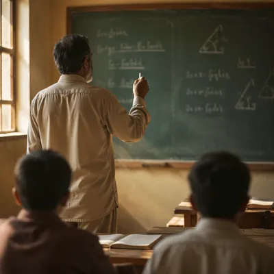 Teacher Writing Lesson on Green Chalkboard