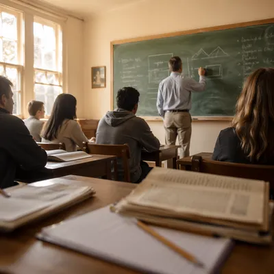 Teacher Guiding Lesson at Sunlit Chalkboard