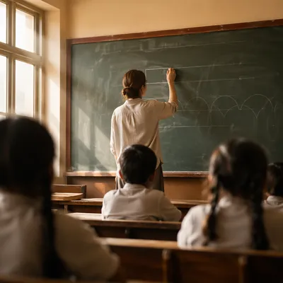 Teacher Writing on Classroom Chalkboard