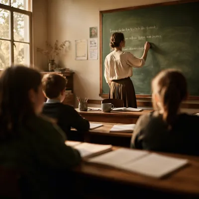 Warm Classroom Teacher Writing on Chalkboard