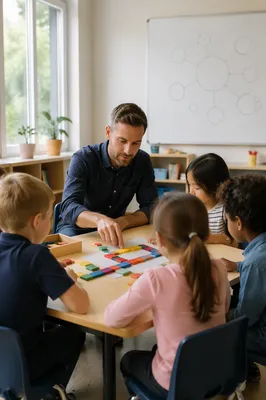 Teacher Guiding Children in Classroom Activity