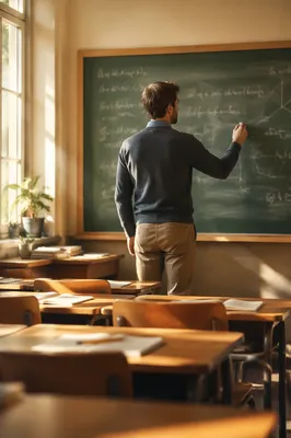 Teacher Writing on Chalkboard in Classroom