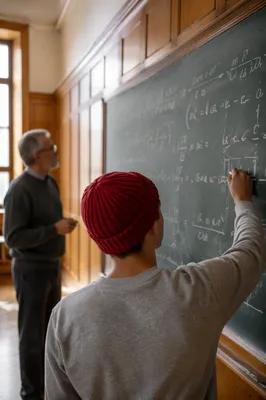 Student Writing on Chalkboard with Teacher