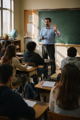 Teacher Explaining Lesson in Morning Classroom