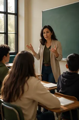 Teacher Beside Chalkboard in Bright Classroom