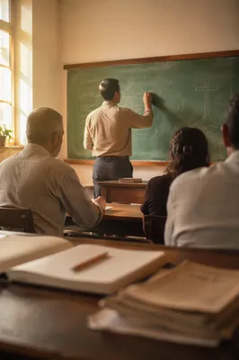 Teacher Writing Lesson on Classroom Chalkboard