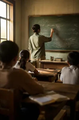Teacher Guiding Students at Green Chalkboard