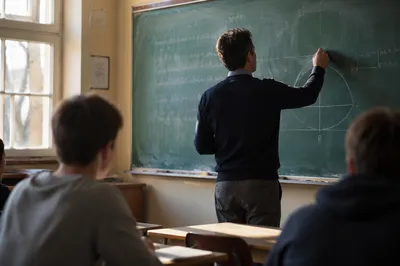Teacher Writing on Classroom Chalkboard