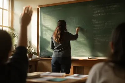 Teacher Writing on Classroom Chalkboard