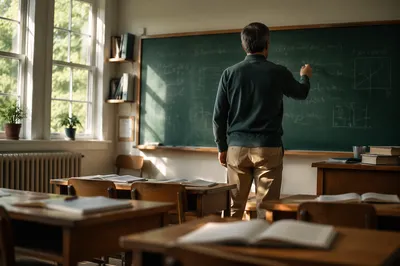 Teacher at Green Chalkboard in Classroom