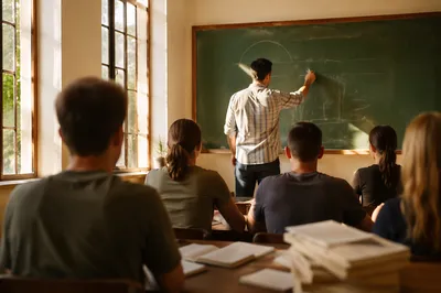 Teacher Leading Lesson at Classroom Chalkboard