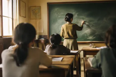 Warm Classroom Teacher Writing on Chalkboard