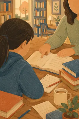 Quiet Library Tutoring Session at Table