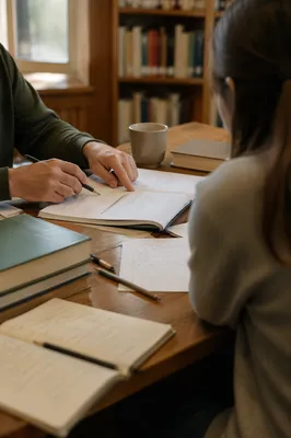 Quiet Library Tutoring Session at Wooden Table