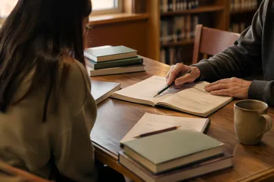 Quiet Library Tutoring Session at Wooden Table