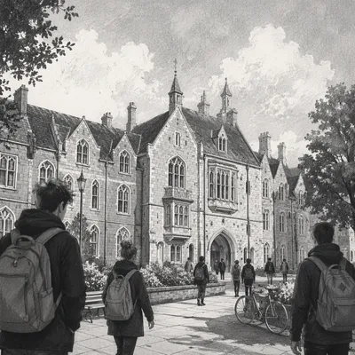 Historic Gothic University Campus With Students