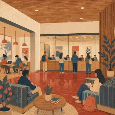 Warm University Lobby With Students Gathering