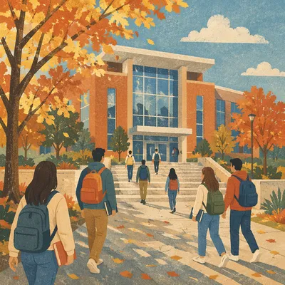 Students Approaching Modern University Campus Entrance