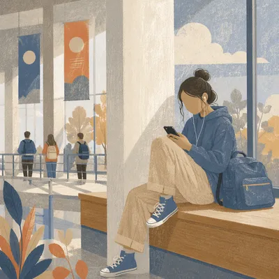 Student Resting in Modern University Atrium