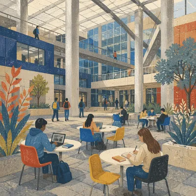 Modern University Atrium with Studying Students