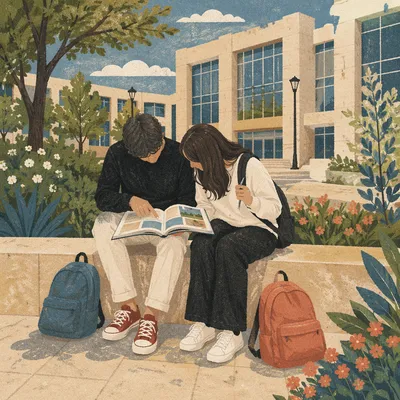 Students Reading Guidebook on Modern Campus