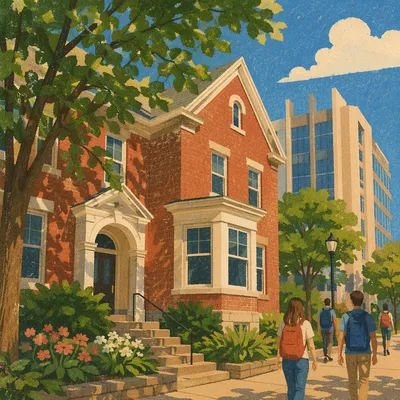 Sunny University Campus with Students and Brick Hall