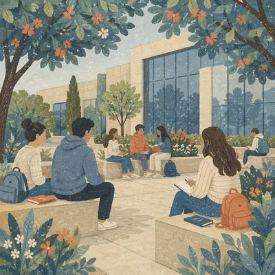 Students Gathering in Modern Campus Courtyard