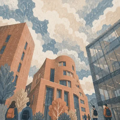 University Courtyard Buildings Under Cloudy Sky