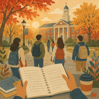 Autumn Sunrise University Campus with Students