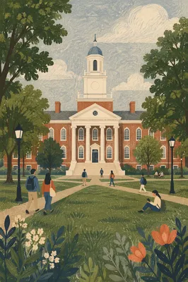 Traditional University Campus Quad with Students