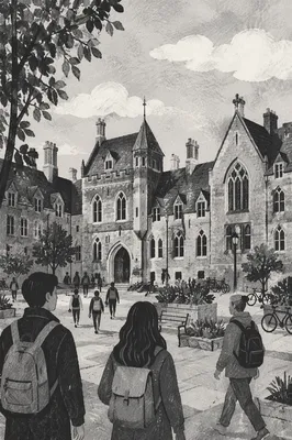 Historic University Campus with Walking Students