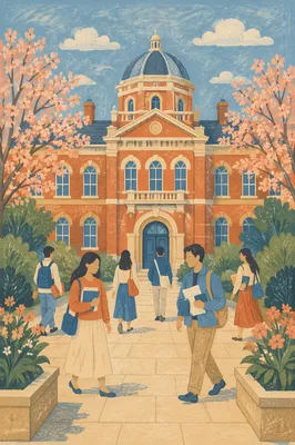 Students Outside Historic Red Brick University Building