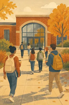 Autumn University Campus Entrance with Students