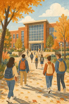 Students Approaching Modern University Campus Building